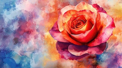 Watercolor illustration of an abstract red rose floral motif arranged with vibrant colors featuring a full size design and abstract background suitable for textile printing