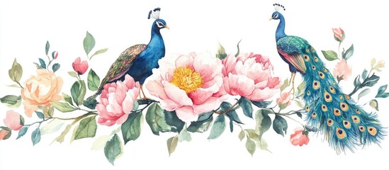 Obraz premium Watercolor illustration of peony rose and peacock flower