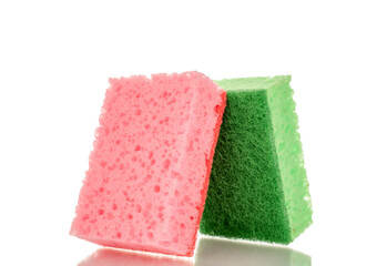 Two kitchen sponges, macro, isolated on white background.