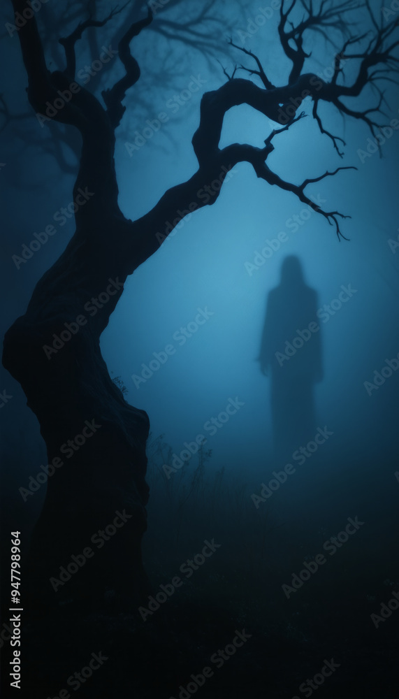 Wall mural Spooky Halloween hooded person with spooky hazy landscape background