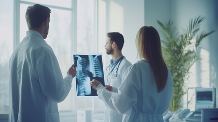 Naklejka premium Medical professionals analyze chest X-rays in a contemporary healthcare facility during daylight hours