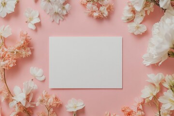 Obraz premium Blank paper card, postcard mockup with copy space, an aesthetic greeting holiday postcard floral template with generative ai