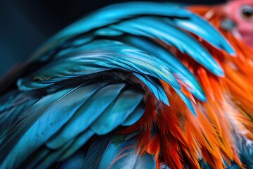 Obraz premium Vibrant Rooster Feather: Close-up Macro Abstract with Beautiful Details and Reflective Elements