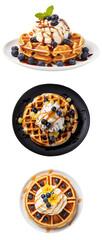 Delicious waffles topped with cream, blueberries, and syrup. Perfect for breakfast or dessert, showcasing gourmet presentation.