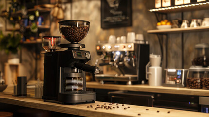 A coffee shop with a coffee grinder and a counter with coffee cups and bowls.