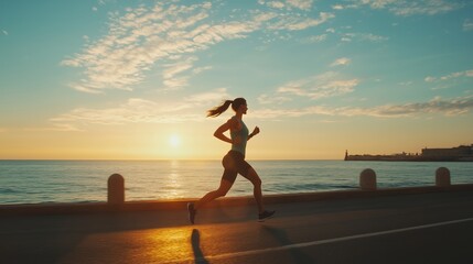 A woman runs along the waterfront at sunset, enjoying the vibrant colors and fresh air in a serene coastal setting
