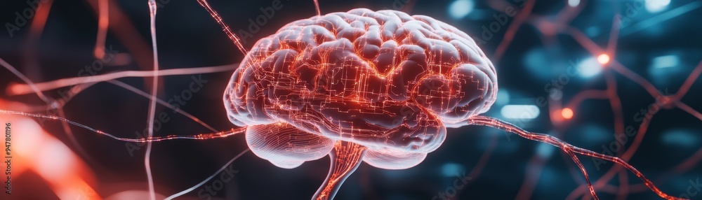 Wall mural conceptual illustration of brain with neurons depicted as digital circuitry blending biological and 