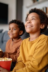 Two African-American children eating popcorn and watching a movie on the sofa at home.