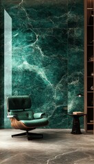 Luxury Interior Design with Green Marble Wall and Modern Lounge Chair. Elegance Home Decor