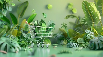 Sustainable shopping, eco-friendly retail practices, 3D illustration, green marketing concept, copy space, Style