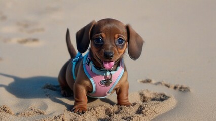 a small dachshund dog in a pink and blue shirt walks along the beach.