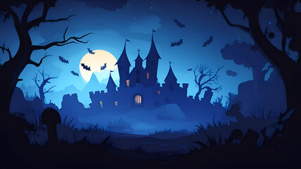 Fototapeta premium Halloween background with castle and bats at night. Happy Halloween background. 