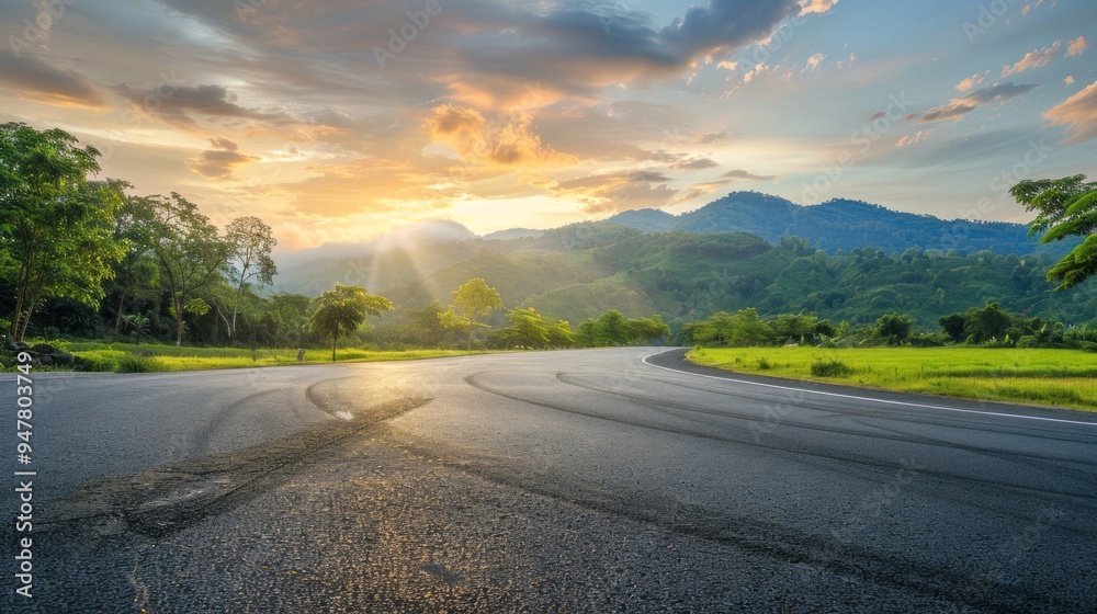 Poster a road with a sun shining on it and mountains in the background