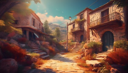 surreal broken old abandoned house retro futuristic cypriot village, old houses damaged by time and a path of life