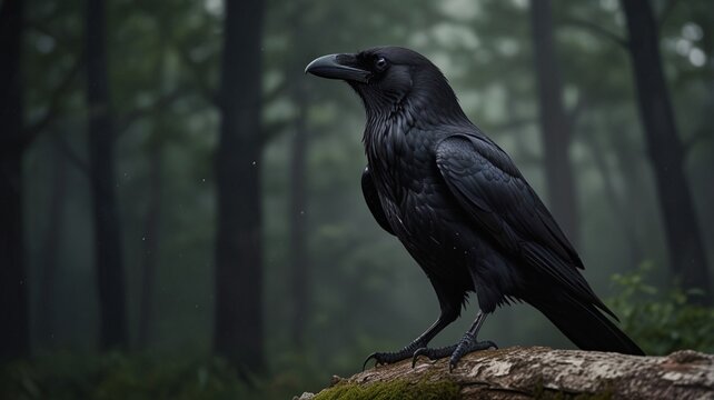 a crow is standing on a log in the forest.