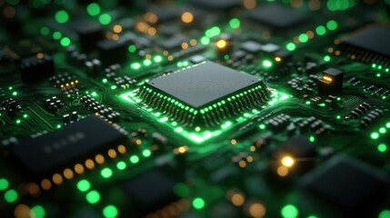 Obraz premium 3d render abstract black backgroun3d with green neon microchip virtual cyber space digital wallpaper