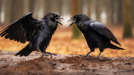 Obraz premium Two Ravens Confrontation in the Woods