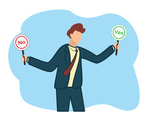 decision making illustration, choose yes or no alternative or choosing option right or wrong