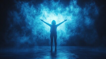 Naklejka premium 3d render abstract blue geometric backgroun3d bright light going through the door portal inside the empty dark room