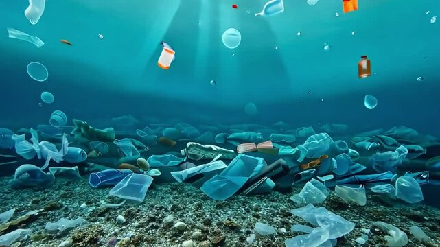 A disturbing view of plastic pollution beneath the surface of a clear blue ocean.