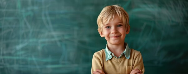 Smiling young schoolboy with curly hair in a classroom, standing in front of a chalkboard. Free copy space for text.