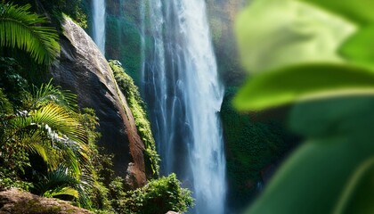 nature green jungle with high waterfall and large rocks, panorama of a beautiful natural