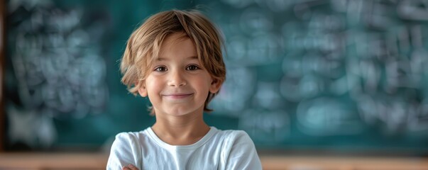 Smiling young schoolboy with curly hair in a classroom, standing in front of a chalkboard. Free copy space for text.
