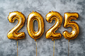 Gold foil 2025 Balloons Against Gray Wall for New Year Celebrations
