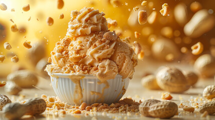 A scoop of creamy ice cream sits in a waffle cone as caramel drizzles and peanuts scatter around in the warm sunlight.
