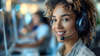 Smiling customer support representative with a headset, ready to assist. Professional help desk service in a busy call center environment.