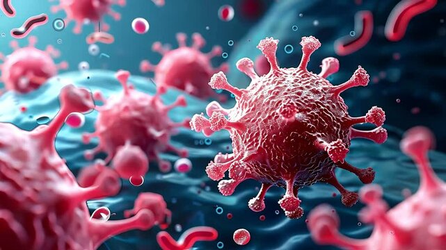 close-up of bacteria and viruses under a microscope, Microscopic view of viruses and cells in a vibrant blue background.  
