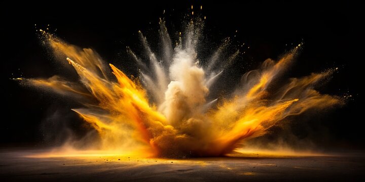 Dramatic slow-shutter capture of powder explosion on black, with swirling misty trails, warm backlight, and surreal atmosphere, evoking intense energy and dynamic movement, cinematic style.