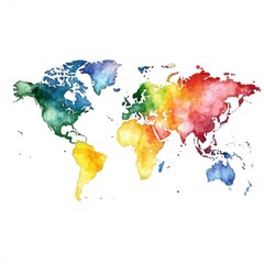 A detailed watercolor illustration of a world map with vibrant colors depicting different continents and oceans on a white background The high-resolution image provides a realistic and educational
