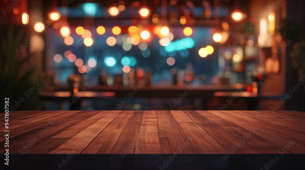 Poster 3d rendering of an empty brown wooden table with a blurred coffee shop background featuring bokeh ef