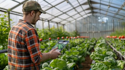 Modern Farmer Monitoring Greenhouse Climate with Technology Innovative Agribusiness Concept