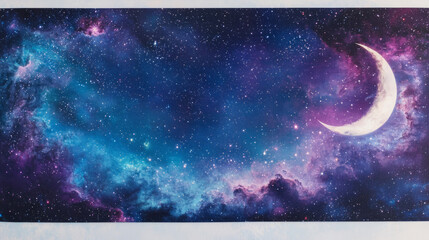 Sleepy purple blue indigo evening mystical moonlight night sky with clouds and stars tranquil slumber relaxing meditation cosmos background backdrop wallpaper meditation crescent moon with copy space