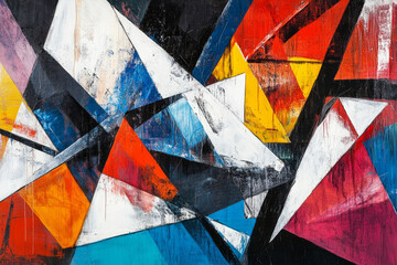 A dynamic colorful abstract painting composition modern art sharp lines and angles bright primary colors with thick lines geometric shapes texture and dark neutrals grunge urban background