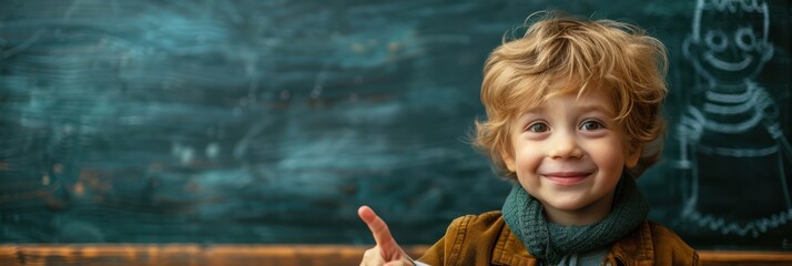 Smiling young schoolboy with curly hair in a classroom, standing in front of a chalkboard. Free copy space for text.