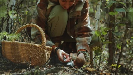 Young woman crouching in the woods, cutting ripe mushroom with knife, collecting it in a wicker basket and walking away. Tilt-up shot