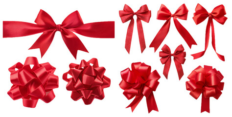 Set of different red ribbons and bows isolated on transparent background