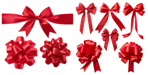 Set of different red ribbons and bows isolated on transparent background