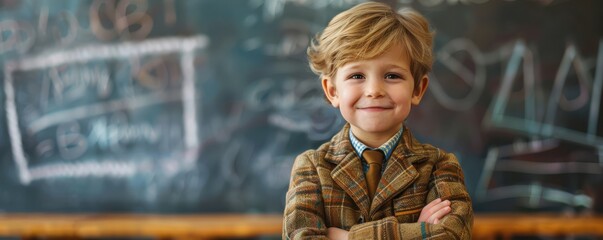 Smiling young schoolboy with curly hair in a classroom, standing in front of a chalkboard. Free copy space for text.