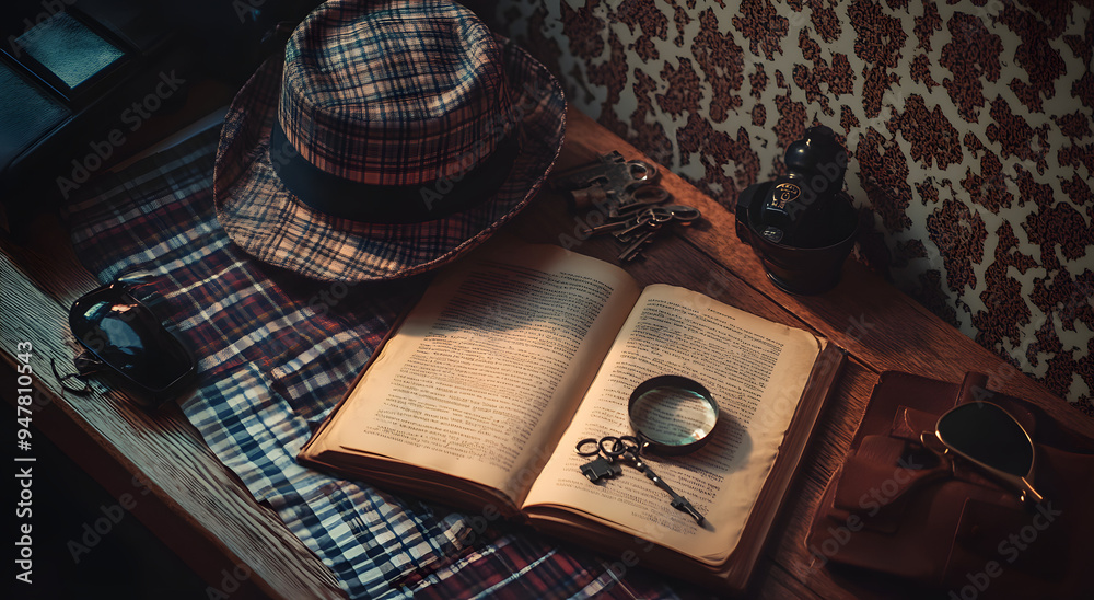 Wall mural A Flat Lay of Detective Tools and Accessories Including a Magnifying Glass, Notepad, and Fingerprint Kit
