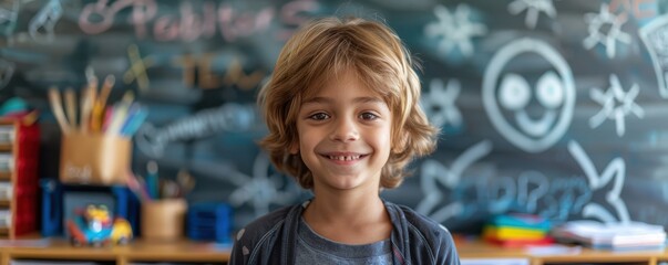 Smiling young schoolboy with curly hair in a classroom, standing in front of a chalkboard. Free copy space for text.