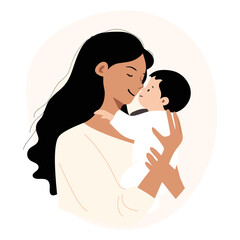 Mother’s Day Mom Hugging Baby. Flat Vector Illustration