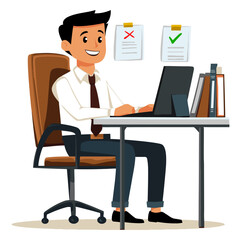 Fototapeta premium Office Boy Working on a Laptop at a Desk. Flat Vector Illustration