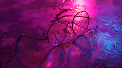 Broke glasses with violet light on a burgundy surface