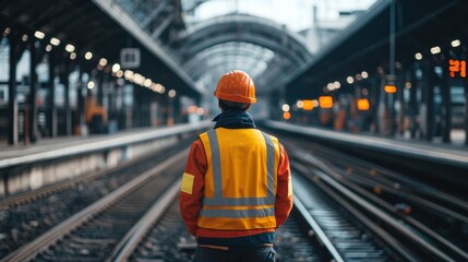 A construction worker in a safety vest and helmet stands at a train station, observing the tracks and surroundings.