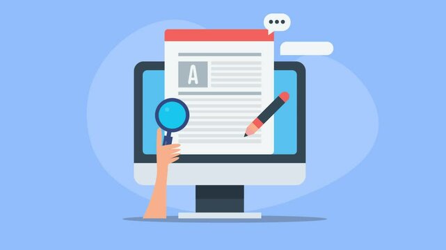 Content research and writing, online blog article publish on internet, web content on pc screen, engaging user conceptual video animation.