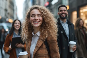 Cheerful group of friends enjoying a city stroll with coffee, showcasing happiness and connection in a vibrant urban setting.